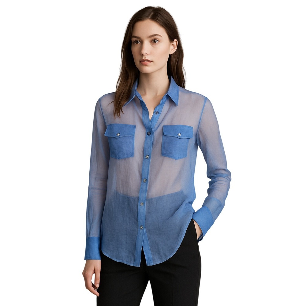 Isabel Vintage Blue Silk Sheer‎ Button-down Long Sleeve Blouse